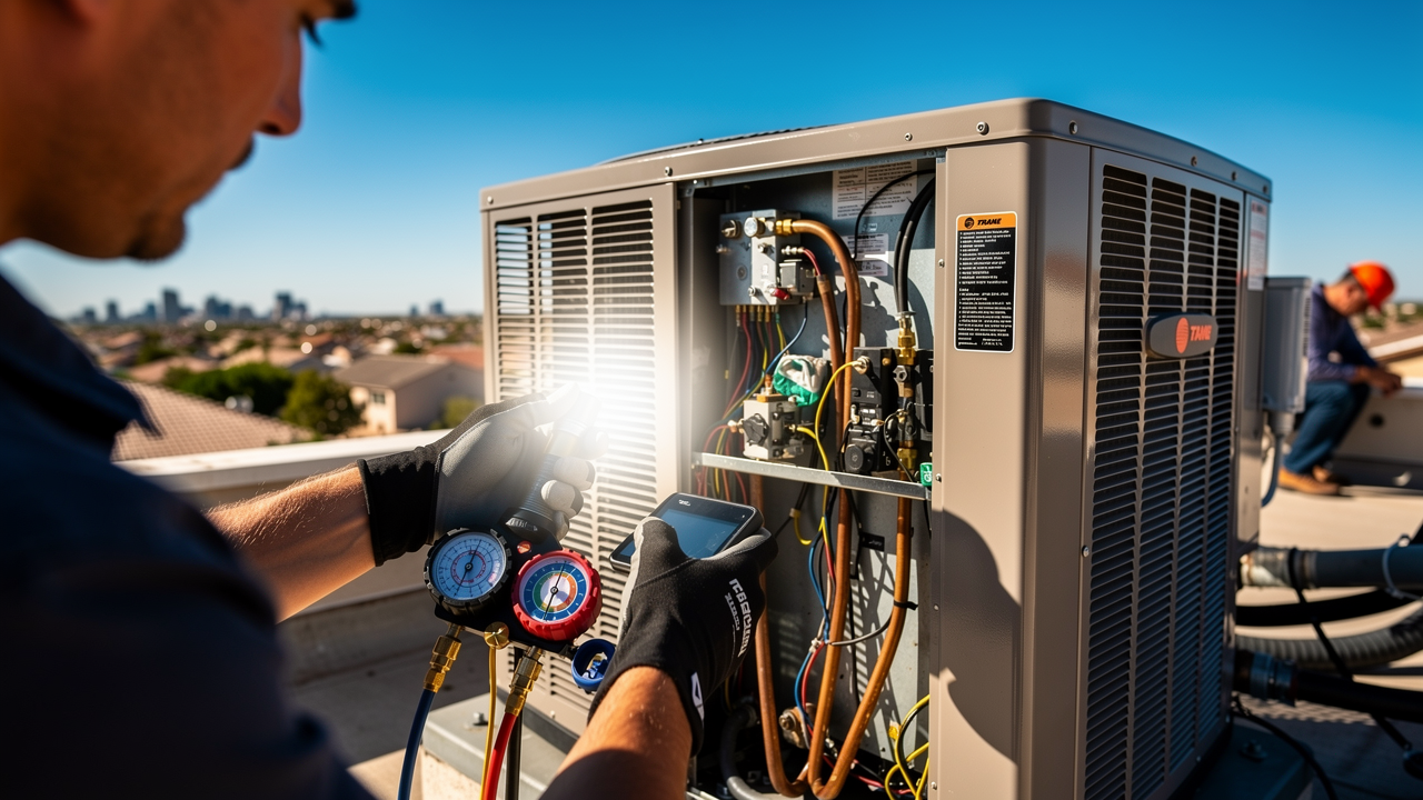 HVAC technician working beside a rooftop air-conditioning unit in bright Phoenix daylight.